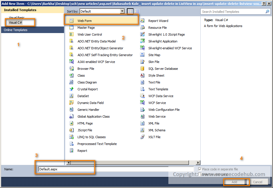 create a new page in visual studio
